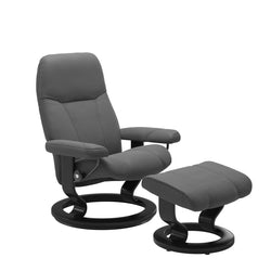 Stressless Consul Medium Classic Chair & Ottoman - Batick Grey - Black Base