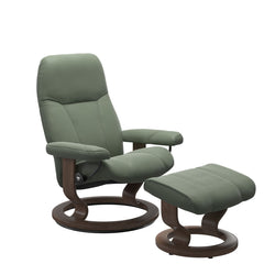 Stressless Consul Medium Classic Chair & Ottoman - Batick Thyme Green - Walnut Base