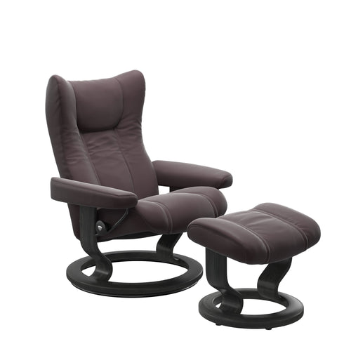 Stressless Wing Large Classic Chair & Ottoman - Paloma Bordeaux - Grey Base