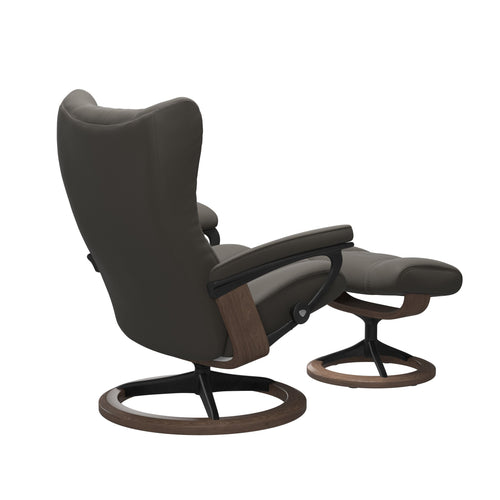 Stressless Wing Medium Signature Chair & Ottoman - Paloma Metal Grey - Matte Black & Walnut Base