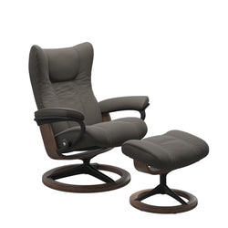 Stressless Wing Medium Signature Chair & Ottoman - Paloma Metal Grey - Matte Black & Walnut Base