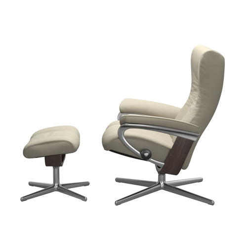 Stressless Wing Small Cross Chair & Ottoman - Paloma Light Grey - Chrome & Wenge Base