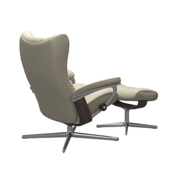 Stressless Wing Small Cross Chair & Ottoman - Paloma Light Grey - Chrome & Wenge Base