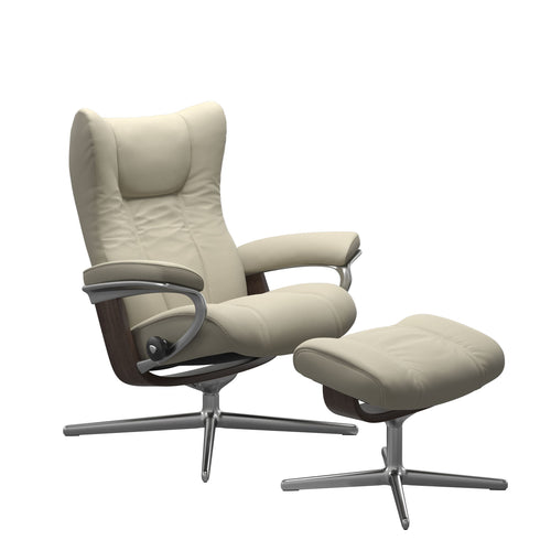 Stressless Wing Small Cross Chair & Ottoman - Paloma Light Grey - Chrome & Wenge Base