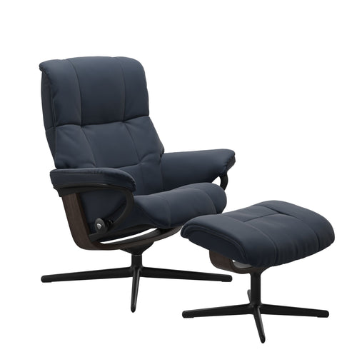 Stressless Mayfair Small Cross Chair & Ottoman - Paloma Oxford Blue - Black & Wenge Base