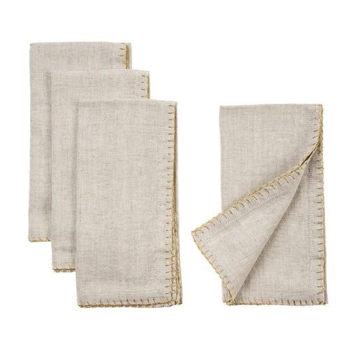 Gold Blanket Stitch Napkins - Linen Grey, Set of 4