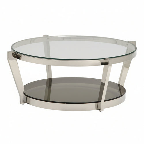 Round cocktail table with a clear glass top and a mirrored bottom, featuring a polished chrome finish and a stainless-steel frame with a tapered base.