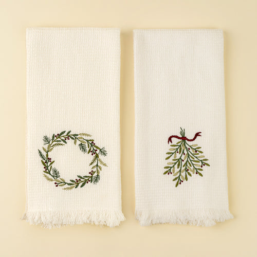 Embroidered Holiday Waffle Hand Towels S/2