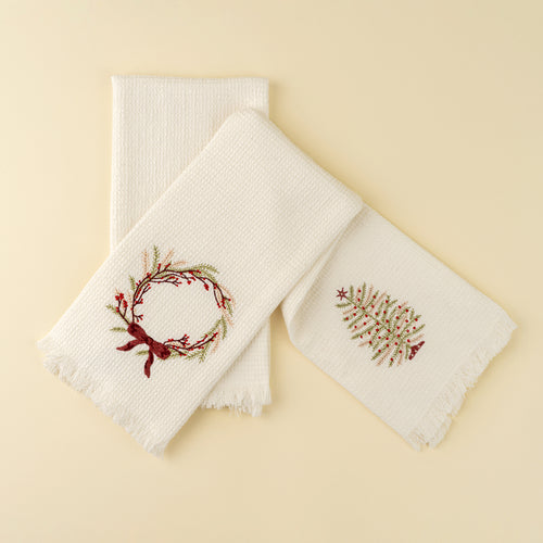 Embroidered Holiday Waffle Hand Towels S/2