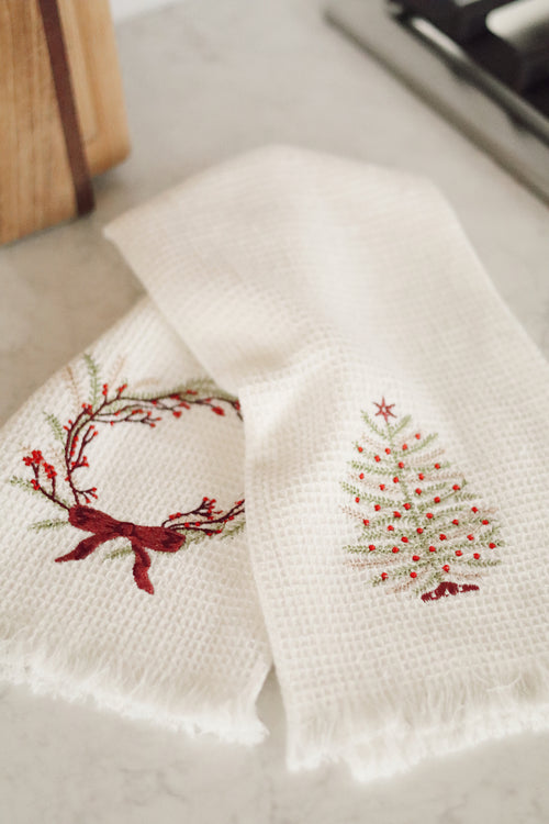 Embroidered Holiday Waffle Hand Towels S/2