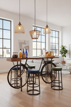 Dining table with bicycle frame design in a modern interior setting