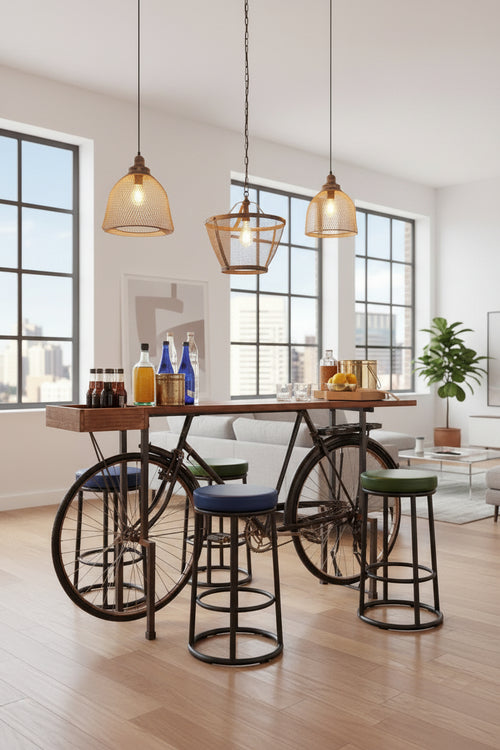 Dining table with bicycle frame design in a modern interior setting