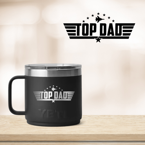 Black mug with 'Top Dad' logo on a wooden surface and light background