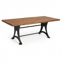 A rectangular dining table with a live edge design, featuring brown acacia wood top and black metal legs.