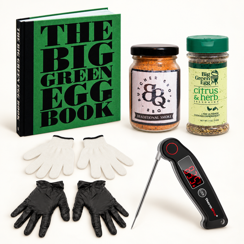 Backyard Cook gift set: Big Green Egg Book, BBQ glove set with cotton liners, Traditional Smoke seasoning, Citrus & Herb seasoning and ThermoPro instant-read thermometer