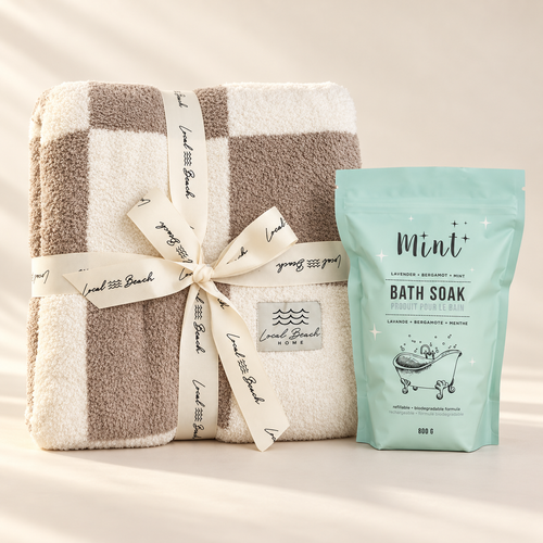 Cozy Spa gift set with Taupe/Cream checkered throw and Mint bath soak