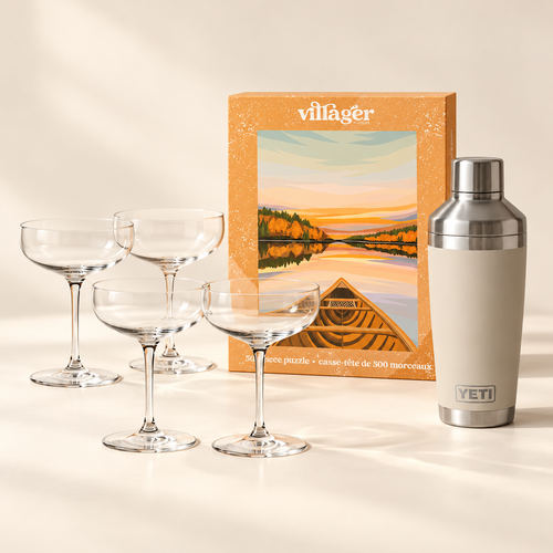 Date Night In gift set with four coupe glasses, Cape Taupe shaker and Canoeing at Dawn puzzle