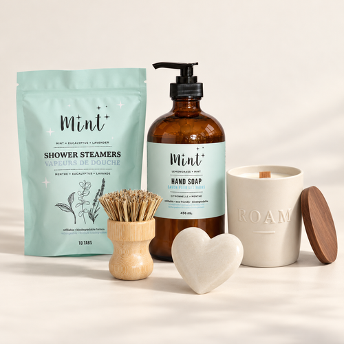 Everyday Retreat gift set with white Roam candle, Mint shower steamers and hand soap, bamboo dish brush and one white marble heart
