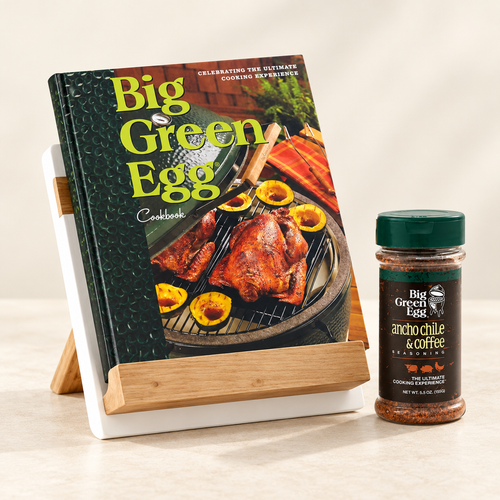 The Grill Enthusiast gift set with cookbook, white wood stand and Ancho Chile & Coffee seasoning