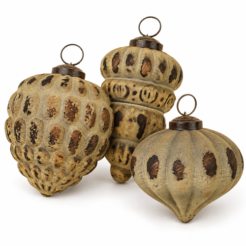 Holiday Heirlooms gift set with three Rustic Green ornaments in Cone, Drop and Onion shapes
