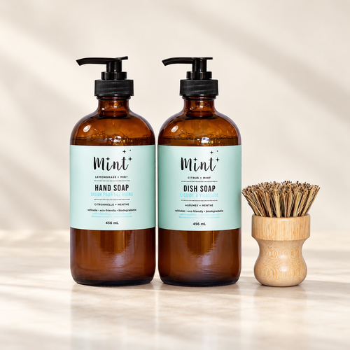 Kitchen Welcome gift set with hand soap, dish soap and bamboo dish brush