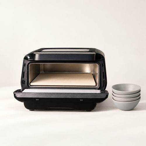 Pizza Night gift set with black countertop pizza oven and four Dove Grey little bowls