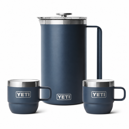 Slow Morning gift set with navy French press and two navy mugs
