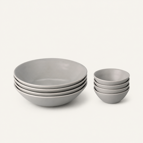 Supper at Home gift set with four Dove Grey pasta bowls and four little bowls