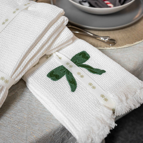 GP Home holiday styling: embroidered bow waffle hand towels.