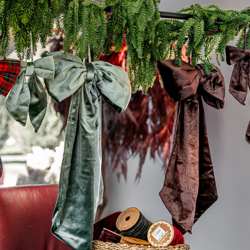 GP Home holiday styling: sage and brown velvet bows.