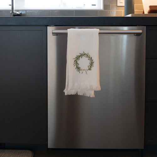 GP Home holiday styling: wreath hand towel in the kitchen.