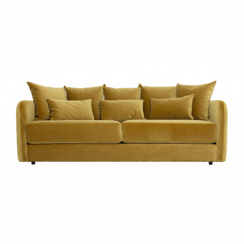 Mustard yellow sofa with matching cushions on a white background