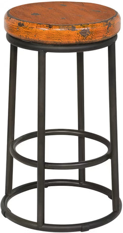 Bar stool with wooden seat and black metal frame on a white background