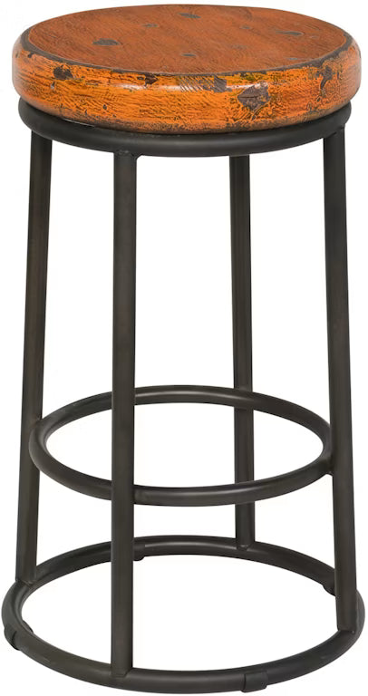 Bar stool with wooden seat and black metal frame on a white background