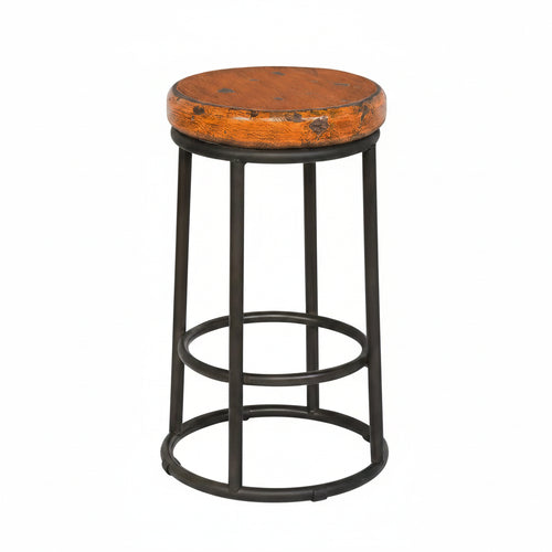 Bar stool with wooden seat and metal frame on a white background