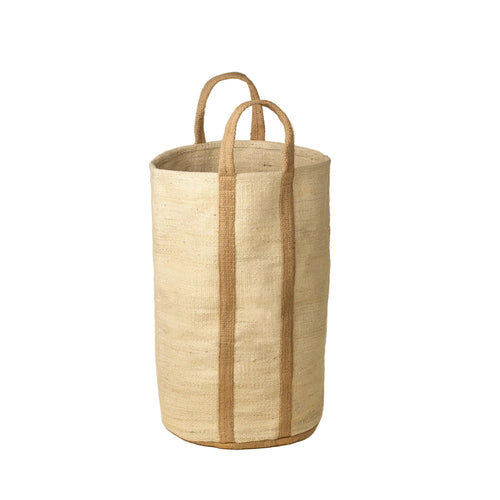 Beige woven basket with handles on a beige background