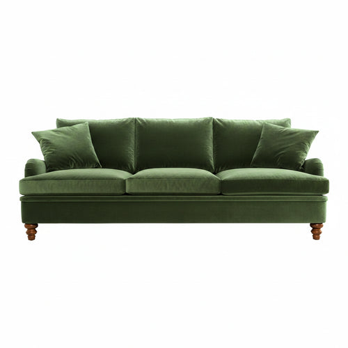 Green sofa with four cushions on a white background
