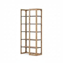 Wooden bookshelf with five shelves on a white background
