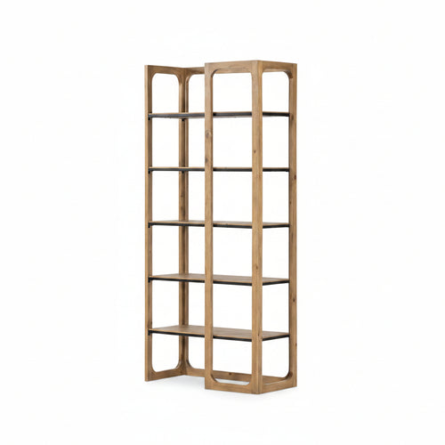 Wooden bookshelf with five shelves on a white background