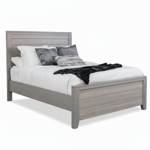 Gray wooden bed with white bedding and pillows on a white background