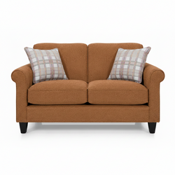 Brown sofa with plaid cushions on a white background