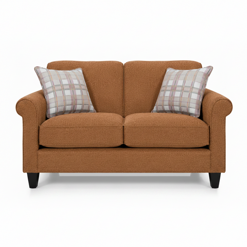 Brown sofa with plaid cushions on a white background