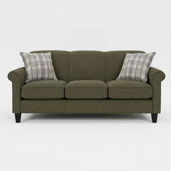Brown sofa with plaid cushions on a white background