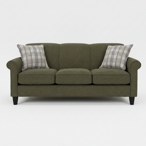 Brown sofa with plaid cushions on a white background