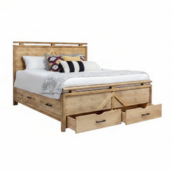 Wooden bedroom furniture set with bed, nightstands, and dresser in a room setting.