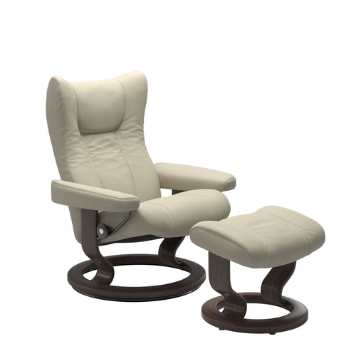 Stressless Wing Medium Classic Chair & Ottoman - Paloma Light Grey - Wenge Base