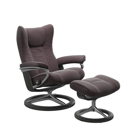 Stressless Wing Large Signature Chair & Ottoman - Paloma Bordeaux - Grey Base