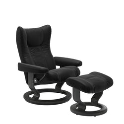 Stressless Wing Medium Classic Chair & Ottoman - Paloma Black - Grey Base