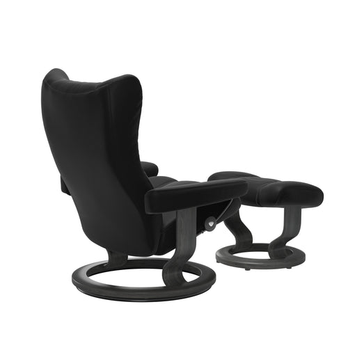 Stressless Wing Medium Classic Chair & Ottoman - Paloma Black - Grey Base