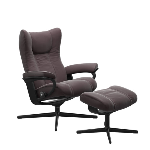 Stressless Wing Medium Cross Chair & Ottoman - Paloma Bordeaux - Black Base